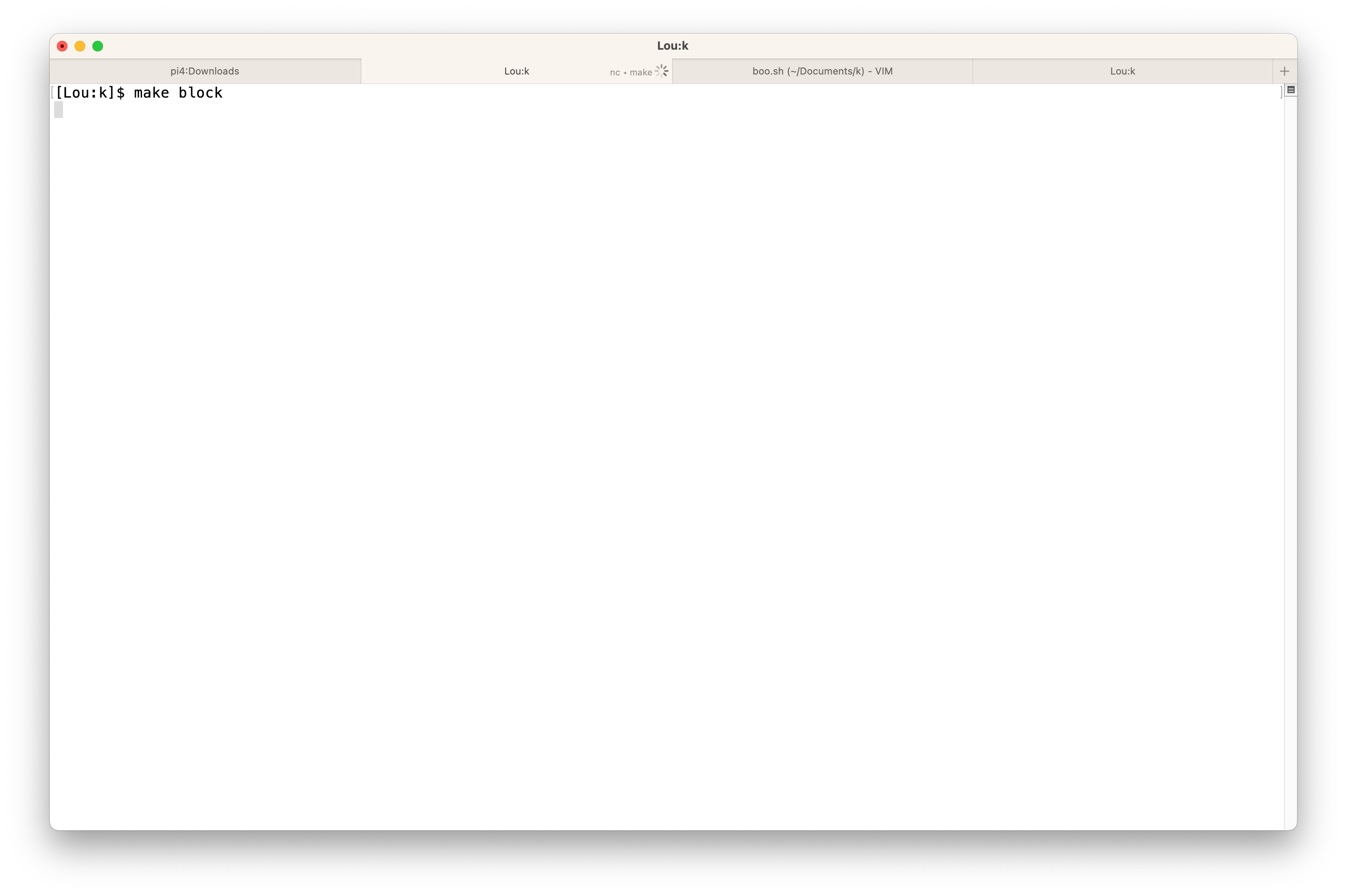 Terminal.app screenshot showing netcat started by calling 'make block'