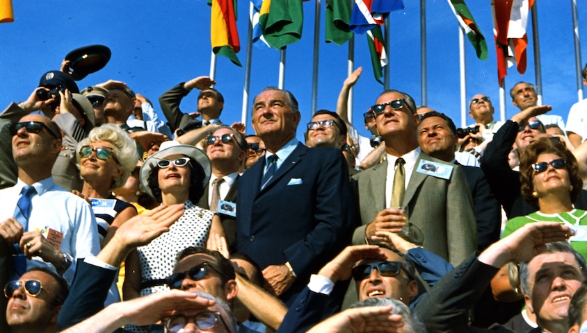 Spiro Agnew and Lyndon Johnson watch Apollo 11's liftoff