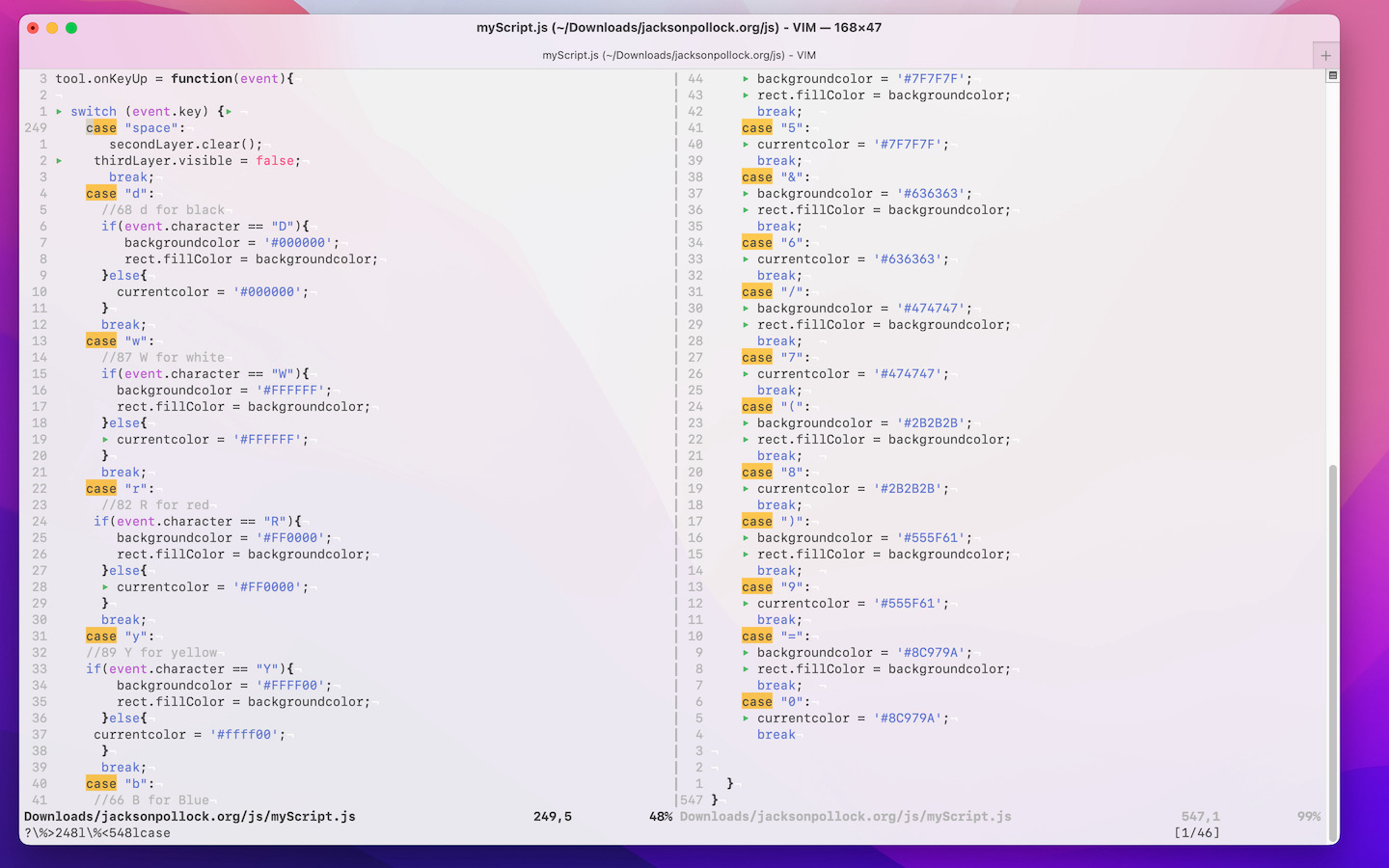 Vim vertical split showing number of color switch cases running on key up